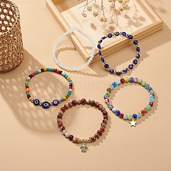 5pcs 5 style naturel et synthétique mélange de pierres précieuses et lampwork mauvais œil et ensemble de bracelets extensibles millefiori&nbsp;BJEW-JB08886