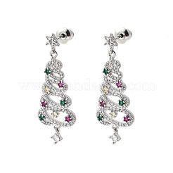Серьги-гвоздики с подвесками из латуни с микропаве из кубических цирконий в виде рождественских елок&nbsp;EJEW-C165-01P