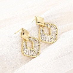 Серьги-гвоздики с ромбами из латуни с микропаве из прозрачных кубических цирконий&nbsp;EJEW-F373-02G