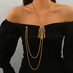 Винтажная готическая латунная брошь-лариат с длинной кисточкой и кубическими цирконами в цветочек&nbsp;GO0016-3