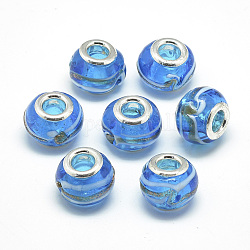 Perles européennes vernissées manuelles, en laiton de platine noyaux doubles, Perles avec un grand trou   , rondelle, Dodger bleu, 13~15x10mm, Trou: 5mm