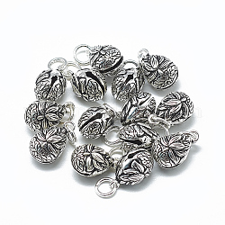 Thai 925 Sterling Silver Bell Charms, with Jump Ring, Teardrop with Lotus, Antique Silver, 15x9x9mm, Hole: 4mm
