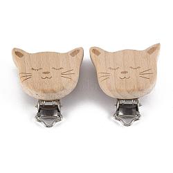 Clips del soporte del chupete del bebé del gatito de madera de haya, con clips de hierro, cabeza de gato, Platino, burlywood, 47~49x43~44.5x17~18mm, agujero: 3.5x6 mm