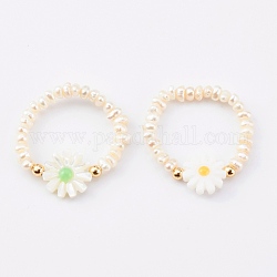 2pcs 2 couleurs ensembles de bagues extensibles perlées de perles naturelles, avec des perles de coquillage naturel, fleur, couleur mixte, diamètre intérieur: 17x20 mm, 1 pc / couleur