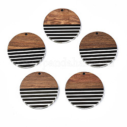 Ciondoli in resina a strisce e legno di noce, rotondo e piatto, nero, 35x3mm, Foro: 2 mm