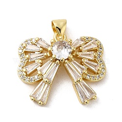 Rack Plating Brass Micro Pave Cubic Zirconia Pendants, Cadmium Free & Lead Free, Real 18K Gold Plated, Long-Lasting Plated, Bowknot, Clear, 18.5x22x6mm, Hole: 3.5x5mm