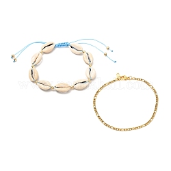 Ensemble de bracelets de cheville en perles tressées en coquillage cauri naturel pour fille femme, 304 chaînes de cheville figaro en acier inoxydable, or, lumière bleu ciel, 9-1/4 pouce (23.5 cm), 2-1/4~3 pouce (5.6~77 cm), 2 pièces / kit