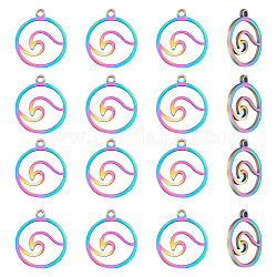 Unicraftale 16Pcs 201 Stainless Steel Charms, Laser Cut, Ring with Waved, Rainbow Color, 14x12x1mm, Hole: 1.2mm