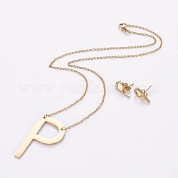 304 Stainless Steel jewelry Sets, Stud Earring and Pendant Necklaces, Alphabet, Golden, Letter.P, 18.7 inch~20.2 inch(47.5~51.3cm), 15x7~12mm, Pin: 0.8mm