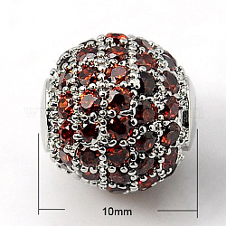 Brass Cubic Zirconia Beads, Round, Platinum, 10mm, Hole: 1.5mm
