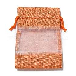 Linen Pouches, Drawstring Bags, with Organza Windows, Rectangle, Coral, 14x10x0.5cm