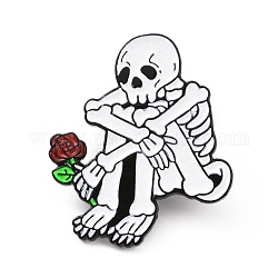 Trauriges Skelett mit Rosen-Emaille-Anstecknadel, Elektrophorese-Halloween-Abzeichen aus schwarz überzogener Legierung für Rucksackkleidung, weiß, 30.5x25.5x1.5 mm