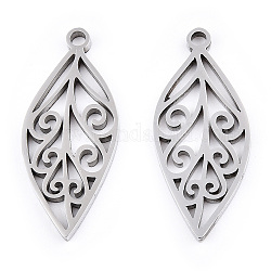 304 Stainless Steel Pendants, Laser Cut, Leaf Charm, Stainless Steel Color, 25x10.5x1.5mm, Hole: 1.6mm