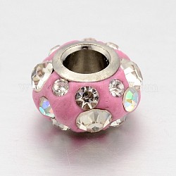 Polymer Clay Rhinestone European Beads, Large Hole Rondelle Beads, with Brass Cores, Platinum, Flamingo, 11x7.5mm, Hole: 4.5mm