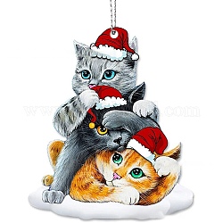 Christmas Cat Shape Acrylic Pendant Decoration, with Nylon Rope and Iron Bell, for Car Rear View Mirror Hanging Ornament, Cat Shape, 80x67.5x4mm, Hole: 2.5mm