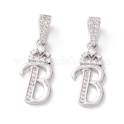 Eco-Friendly Brass Micro Pave Cubic Zirconia Pendants, Long-Lasting Plated, Real Platinum Plated, Cadmium Free & Lead Free, Letter, Letter.B, 16~20x7~11.5x1.5~2.2mm, Hole: 6.5x3.5mm