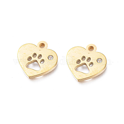 Ion Plating(IP) 304 Stainless Steel Charms, Manual Polishing, with Crystal Rhinestone, Heart with Dog Paw Printed, Golden, 12x12x1.2mm, Hole: 1.8mm