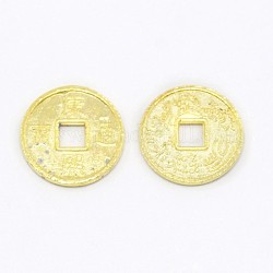 Feng Shui Chinoiserie Jewelry Findings Alloy Copper Cash Beads, Flat Round Chinese Ancient Coins with Character KangXi, Golden, 10x1mm, Hole: 2x2mm