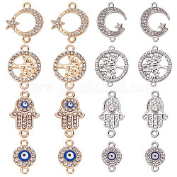 SUNNYCLUE 32Pcs 8 Styles Alloy Crystal Rhinestone Connector Charms, Ring & Moon & Evil Eye & Hamsa Hand, Mixed Shapes, Mixed Color, 8~29.5x11~25x2~4mm, Hole: 1mm, 4pcs/style