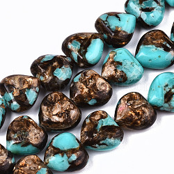 Fili di perline di bronzo sintetico e turchesi sintetici assemblati, cuore, 9~10x10x5mm, Foro: 1.2 mm, circa 44~45pcs/filo, 15.55~15.94 pollice (39.5~40.5 cm)