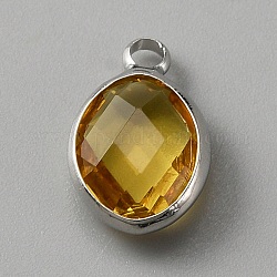 Sfaccettato pendenti di vetro, ciondoli di birthstone di novembre, con impostazioni di cabochon in ottone, ovale, platino, oro, 13x8x4mm, Foro: 1.6 mm