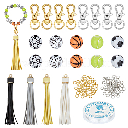 PH PandaHall 100pcs 5 Style Sports Bead Keychain Kit, Acrylic Basketball Football Tennis Volleyball Beads with Jump Rings Tassels Lobster Claw Clasps Thread for Keychain Jewelry Making