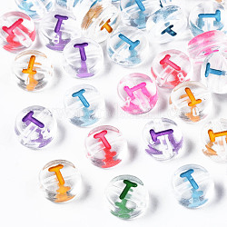 Perles acryliques transparentes transparentes, trou horizontal, plat rond avec lettre de couleurs mélangées, letter.t, 7x3.5mm, Trou: 1.2mm, environ 3700 pcs/500 g
