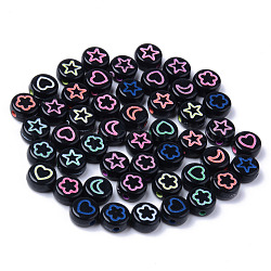 Opaque Black Acrylic Beads, Flat Round with Mixed Color Star & Heart & Moon & Flower, 7x3.5mm, Hole: 1.5mm