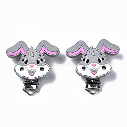 Food Grade Eco-Friendly Silicone Baby Pacifier Holder Clips, with 304 Stainless Steel Clips, Rabbit, Silver, 56x55x21mm, Hole: 4mm
