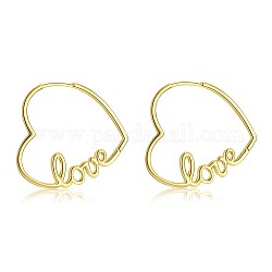 Brass Huggie Hoop Earrings, Heart with Word Love, for Valentine's Day, Golden, 29x32x2mm, Pin: 1mm