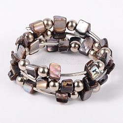 Perles en coquille enveloppent bracelets, bracelet en acier à mémoire avec perles tubes en laiton et perles rondes en plastique ccb, platine, grises , 50mm