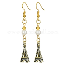 Pendientes colgantes de aleación de esmalte de la Torre Eiffel con cuentas de perlas de imitación, Pendientes largos dorados con pasadores de hierro., negro, 64x9mm