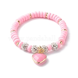 Handmade Polymer Clay Beads Stretch Bracelets, with Electroplate Natural White Jade Heart Charms, Polymer Clay Rhinestone & Brass Beads, Pearl Pink, 1/4 inch(0.65cm), Inner Diameter: 2-1/4 inch(5.85cm)