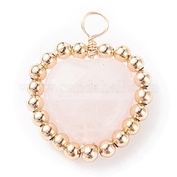 Pendentifs de perles de quartz rose naturel à facettes en alliage, avec du fil de cuivre kc golde et de véritables perles plaquées or 18k, cœur, 25.5x21x8mm, Trou: 4mm