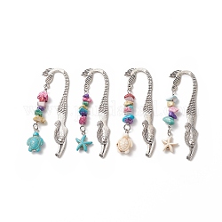 Stile tibetano in lega di segnalibri sirena, con perle turchesi sintetiche tinte, stella marina e tartaruga, argento antico, 78mm, 4 pc / set