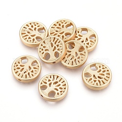 Alloy Beads, Flat Round with Tree of Life, Lead Free & Nickel Free & Cadmium Free, Real 18K Gold Plated, Matte Gold Color, 18x4mm, Hole: 1.5mm