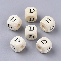 Perle di legno naturale stampate, foro orizzontale, cubo con lettera iniziale, papayawhip, lettera d, 10x10x10mm, Foro: 3.5 mm, circa 1000pcs/500g