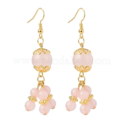 Longues boucles d'oreilles pendantes en grappe de perles rondes en quartz rose naturel, bijoux en laiton plaqué or pour femme, 64~65mm, pin: 0.5 mm