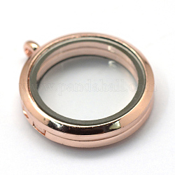 Плоский круглый стеклянный сплав магнитная фоторамка живая память с плавающей медальона подвески, без кадмия и без свинца, розовое золото , 35.5x30x8 мм, отверстие : 3.5 мм, внутренней меры: 23 мм