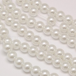 Eco-Friendly Dyed Glass Pearl Round Beads Strands, Grade A, Cotton Cord Threaded, White, 6mm, Hole: 0.7~1.1mm, about 72pcs/strand, 15 inch
