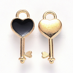 Colgantes de esmalte de aleación, llave del corazón, la luz de oro, negro, 16x7x2.5mm, agujero: 1.8 mm