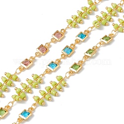 Handmade Eco-friendly Brass Square Link Chains, with Glass & Seed Beaded, Real 18K Gold Plated, Lead Free & Cadmium Free, Soldered, with Spool, Colorful, 10x4.5x2mm, 21x7x2.5mm