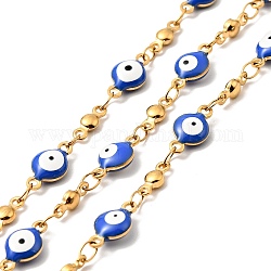 Enamel Flat Round with Evil Eye Link Chains, with Gold Plated 304 Stainless Steel Findings, Unwelded, with Spool, Royal Blue, 11x6x3mm, 8x3x2mm