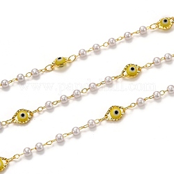 Handgefertigte Messingketten, mit Acryl Nachahmung Perlen, Lampenarbeit und Spule, langlebig plattiert, gelötet, bösen Blick, golden, Gelb, Link: 2.6x1.8x0.3 mm