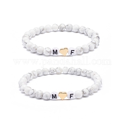 2Pcs Natural Howlite Stretch Bracelets Set, Heart & Word M and F Acrylic Beaded Couple Bracelets for Best Friends Lovers, Inner Diameter: 2 inch(5.2cm)