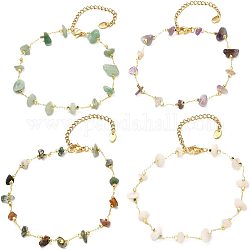PandaHall Elite 10Pcs Natural Mixed Gemstone Chip Beaded Anklets Set, Gold Plated Brass Jewelry for Women, 8-5/8 inch(22cm)