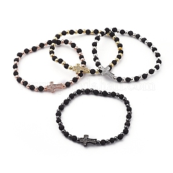Bracelets extensibles en perles de lave naturelle, avec des perles rondes en laiton et des perles de zircon cubique micro pavé en laiton, croix, couleur mixte, 2-1/8 pouce (5.5 cm)