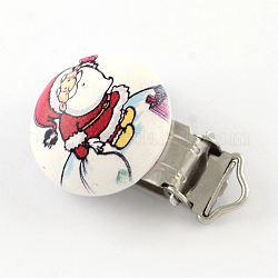 Christmas Santa Claus Pattern Printed Wooden Baby Pacifier Holder Clip with Iron Clasp, Flat Round, Platinum, Red, 30x30mm