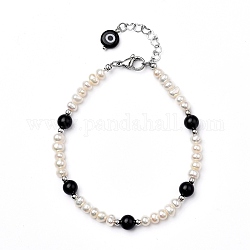 Natürliche schwarze Achat Perlen Armbänder, mit bösen Blick Glasperlen, natürlichen Perlen, Messingperlen und 304 Edelstahl-Hummerscheren, 7-7/8 Zoll (20 cm)