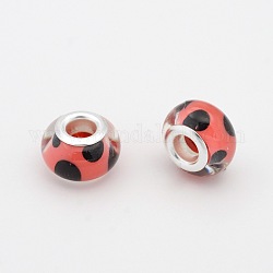 Dot Pattern Resin European Beads, Large Hole Rondelle Beads, with Silver Tone Brass Cores, Salmon, 14x9mm, Hole: 5mm